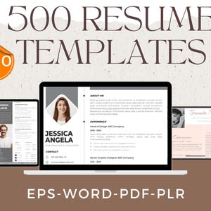 Peut inclure: Une présentation numérique de modèles de CV. L'image montre un ordinateur portable et deux tablettes affichant des exemples de CV. Le texte "500 Resume Templates" est en haut. Le bas de l'image contient le texte "EPS-WORD-PDF-PLR".