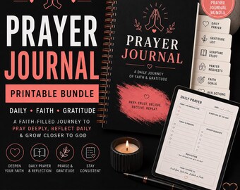 May include: A black spiral-bound prayer journal with pink text and graphics, featuring a daily prayer page, a candle in a black holder, and a black pen. The journal cover reads Prayer Journal A Daily Journey of Faith & Gratitude.