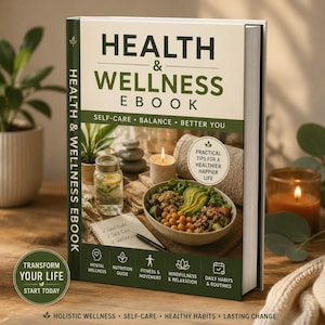 Puede incluir: Un libro de tapa dura titulado Health & Wellness Ebook con lomo y portada de color verde oscuro que muestra un tazón de ensalada, una vela, un frasco de agua y un cuaderno. El texto de la portada incluye Self-Care, Balance, Better You e iconos.