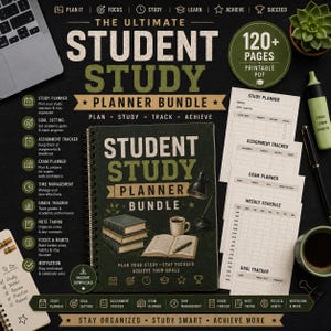 May include: A spiral-bound student study planner bundle featuring a dark green cover with an illustration of books and a coffee cup. The set includes printable PDF pages for tracking assignments, exams, goals, and weekly schedules with text.