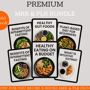 Può includere: Grafica digitale con sei tablet che mostrano informazioni su alimentazione sana e diete. I tablet mostrano titoli come "Benefici del digiuno intermittente" e "Cibi sani per l'intestino". Un cerchio arancione con la scritta "8000 e-book" si trova in alto a sinistra.