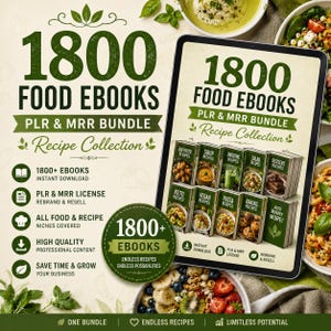 Puede incluir: Un gráfico de marketing digital para un paquete de 1800 libros electrónicos de cocina con licencias PLR y MRR. El texto dice 1800 FOOD EBOOKS PLR & MRR BUNDLE Recipe Collection. Muestra una tableta con portadas de libros de recetas.