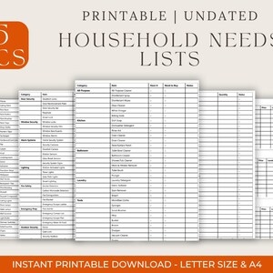 Puede incluir: Un conjunto de cinco listas de necesidades domésticas imprimibles y sin fecha. Las listas incluyen categorías para diversas necesidades del hogar. El texto "PRINTABLE | UNDATED HOUSEHOLD NEEDS LISTS" está en la parte superior.
