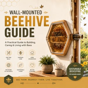 Op de afbeelding: Een aan de muur gemonteerde zeshoekige houten bijenkorf met een transparant voorpaneel, met honingraten en bijen aan de binnenkant. De tekst luidt: WALL-MOUNTED BEEHIVE GUIDE, A Practical Guide to Building, Caring & Living with Bees.