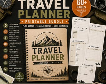 Puede incluir: Un planificador de viajes de espiral con cubierta color canela que muestra una ilustración de montaña, una brújula y el texto "TRAVEL PLANNER ADVENTURE AWAITS". El paquete incluye páginas impresas para itinerarios, listas de equipaje y presupuestos.
