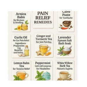 以下が含まれることがあります： 9つのイラスト入りカードのコレクションで、自然な鎮痛剤を紹介しています。アルニカバーム、クローブペースト、ガーリックオイル、ジンジャーとターメリックティー、ラベンダーエプソムソルト、レモンバームティー、ペパーミントジェル、ホワイトウィローバークティーが含まれています。テキストは「PAIN RELIEF REMEDIES」と書かれています。