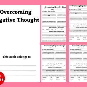 May include: A white journal titled "Overcoming Negative Thought" with fill-in prompts. The journal has 121 pages and a pink border. The cover includes space to write "This Book Belongs to".