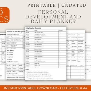 Pode incluir: Conjunto de planeador diário e de desenvolvimento pessoal imprimível e sem data. O conjunto inclui uma lista de leitura, modelos de gestão de tempo e uma lista de verificação de rotina diária. O texto diz "Printable | Undated Personal Development and Daily Planner".
