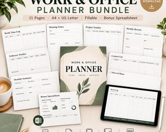Work Planner Printable Bundle, Freelancer Time, Work Log Meeting Notes Contact List Follower Tracker, Editable PDF A4 Letter GoodNotes
