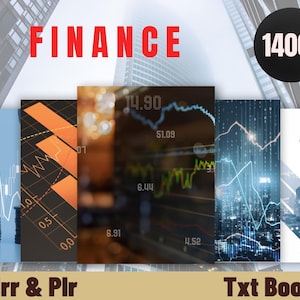 Può includere: La parola "FINANCE" in lettere rosse è visualizzata sopra una serie di immagini con grafici di dati finanziari. Un cerchio nero con "1400+" in testo bianco si trova in alto a destra. I testi "Mrr & Plr" e "Txt Book" sono in basso.