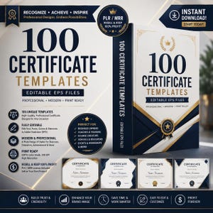 Peut inclure: Un ensemble de produits numériques comprenant 100 modèles de certificats en fichiers EPS modifiables. Le design utilise une palette de couleurs bleu marine, blanc et or avec des icônes de couronne et d'étoile. Le texte inclut 100 CERTIFICATE TEMPLATES.