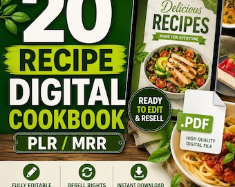 May include: A digital cookbook product featuring the text 20 RECIPE DIGITAL COOKBOOK PLR / MRR. The image displays a tablet showing a Delicious Recipes cover with a salad, a PDF icon, and icons for fully editable, resell rights, and instant download.