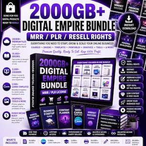 May include: A digital product bundle advertisement featuring the text 2000GB+ DIGITAL EMPIRE BUNDLE MRR / PLR / RESELL RIGHTS. The graphic displays a laptop, several books, and a smartphone, all set against a dark purple background with white text.