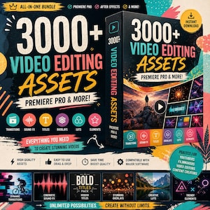 Puede incluir: Una caja de producto digital para 3000+ recursos de edici&oacute;n de video compatibles con Premiere Pro y After Effects. La caja negra presenta texto colorido, iconos para transiciones, efectos de sonido, t&iacute;tulos, superposiciones, LUTs y elementos.