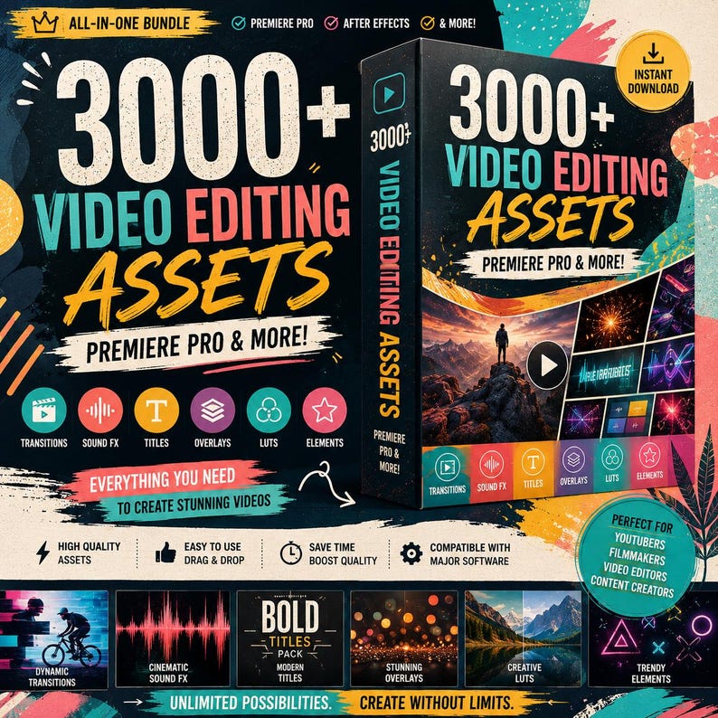 Puede incluir: Una caja de producto digital para 3000+ recursos de edici&oacute;n de video compatibles con Premiere Pro y After Effects. La caja negra presenta texto colorido, iconos para transiciones, efectos de sonido, t&iacute;tulos, superposiciones, LUTs y elementos.