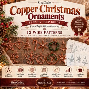 May include: A guide titled Copper Christmas Ornaments by SinaCodex featuring 12 wire patterns. The image displays various copper wire ornaments including stars, hearts, trees, candy canes, snowflakes, a wreath, a bell, and an angel.