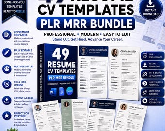 Paquete de 49 plantillas de currículum vitae (PLR/MRR): herramientas profesionales editables