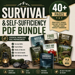 Könnte beinhalten: Ein digitales Survival- und Selbstversorgungs-PDF-Paket mit über 40 Seiten zu Themen wie Wasser, Nahrungsvorrat, Unterkunft, Erste Hilfe und Notfallvorsorge, inklusive Symbolen, einem Rucksack und einer Laterne.