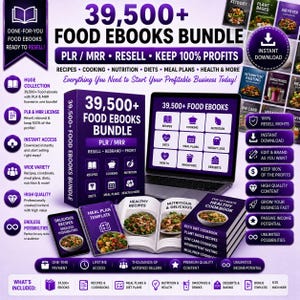 Puede incluir: Imagen promocional de un paquete de productos digitales con más de 39.500 libros electrónicos de cocina. La imagen muestra opciones de recetas, cocina, nutrición y más. Destaca la descarga instantánea, los derechos de reventa y el potencial de ingresos pasivos.
