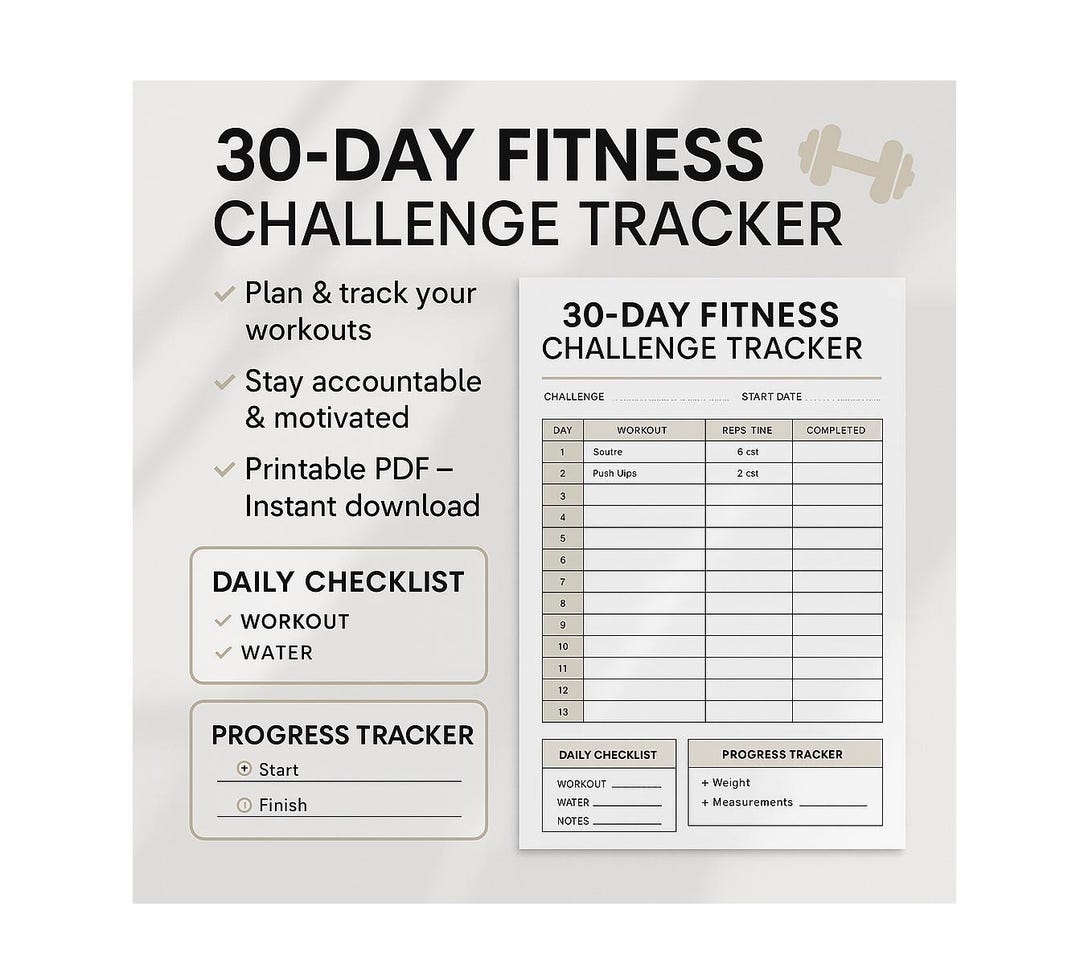 30-day Fitness Challenge Tracker: Printable Workout Planner (PDF) - Etsy