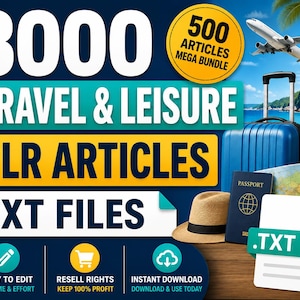 Pode incluir: Um pacote de produtos digitais com 8000 artigos PLR de viagens e lazer em arquivos TXT. O gráfico exibe texto incluindo 500 ARTICLES MEGA BUNDLE, uma mala azul, um passaporte, um chapéu de palha, um mapa e um avião sobre uma costa.
