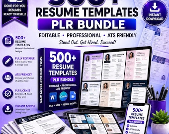 Paquete de 500 plantillas de currículum vitae con derechos de reventa: diseños de CV editables en formato .doc y .pdf (descarga digital).