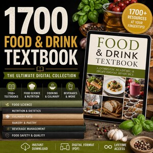 以下が含まれることがあります： 1700 Food & Drink Textbookというタイトルのデジタルコレクション。タブレットには食品画像のグリッドと「A Complete Academic & Professional Resource」というテキストが表示されています。Food ScienceやCulinary Artsなどのカテゴリーが含まれています。