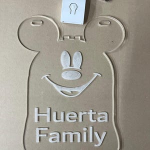 Puede incluir: Llavero de acrílico transparente con forma de personaje de dibujos animados con el texto "Huerta Family". Incluye una pequeña etiqueta blanca con un icono de bombilla y un cierre plateado.
