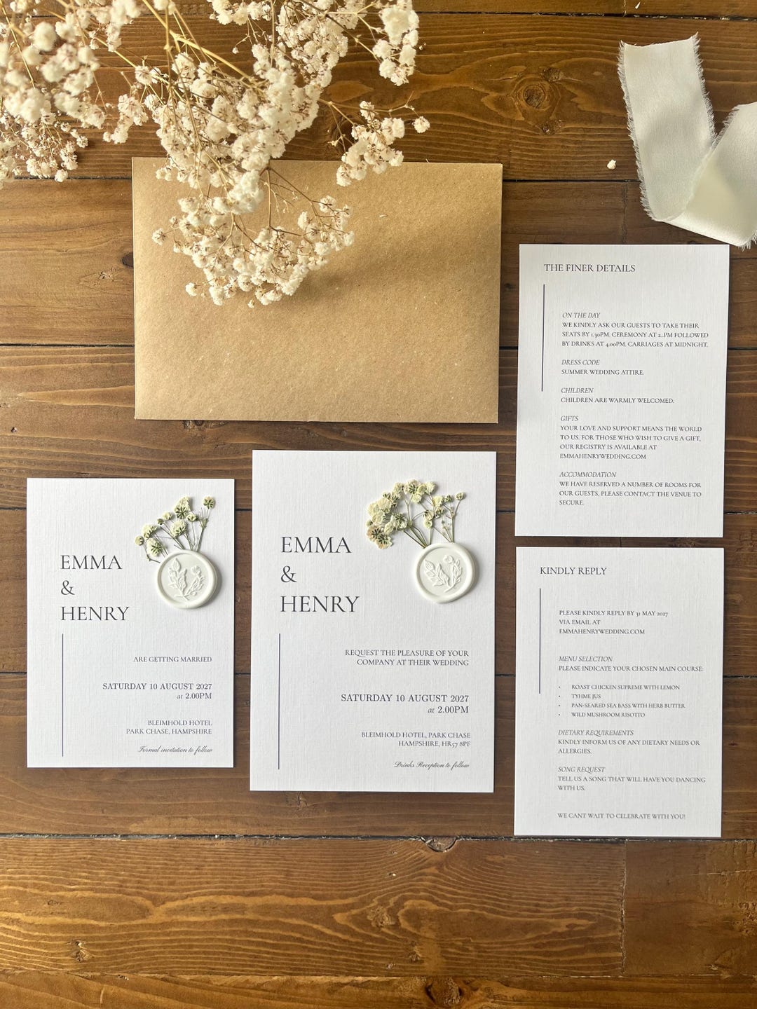 Emma White Linen Wedding Invitation Suite - Gypsophila Wax Seal Elegant ...