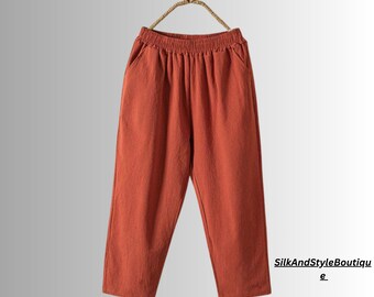 Summer Women Elastic Waist Cotton Pants Soft Casual Loose Boho Trousers Wide Leg Pant Loose Linen Pants