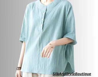 Women's Summer Cotton Tops Half Sleeves Blouse - Linen Shirts For Women - Casual Loose Shirt Top - Gift For Him