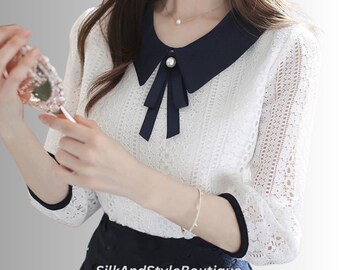 Women Elegant Lace Blouse with Peter Pan Collar - Half Sleeve Shirt - Gift For Her