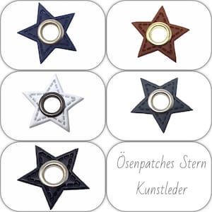 Könnte beinhalten: Eine Auswahl an sternförmigen Aufnähern in verschiedenen Farben: Marineblau, Braun, Weiß, Grau und Schwarz. Jeder Aufnäher hat eine Metallöse in der Mitte und dekorative Nähte. Der Text "Ösenpatches Stern Kunstleder" ist ebenfalls sichtbar.