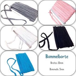 3 Meter Bommelborte | Zierborte mit Bommeln | Farbwahl | rosa, weiß, schwarz, türkis, grau | 11mm - Bommeln 5mm
