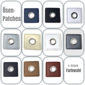Könnte beinhalten: Sortiment von 10 quadratischen Stoff-Patches mit einer Metallöse in der Mitte. Die Patches sind in verschiedenen Farben, darunter Schwarz, Weiß, Grau, Beige, Braun und Rot. Der Text "2 Stück Farbwahl" ist in der rechten unteren Ecke des Bildes sichtbar.