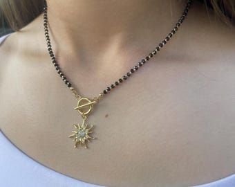 Natural Black Spinel Sun Necklace – 18K Gold Plated Sun pendant