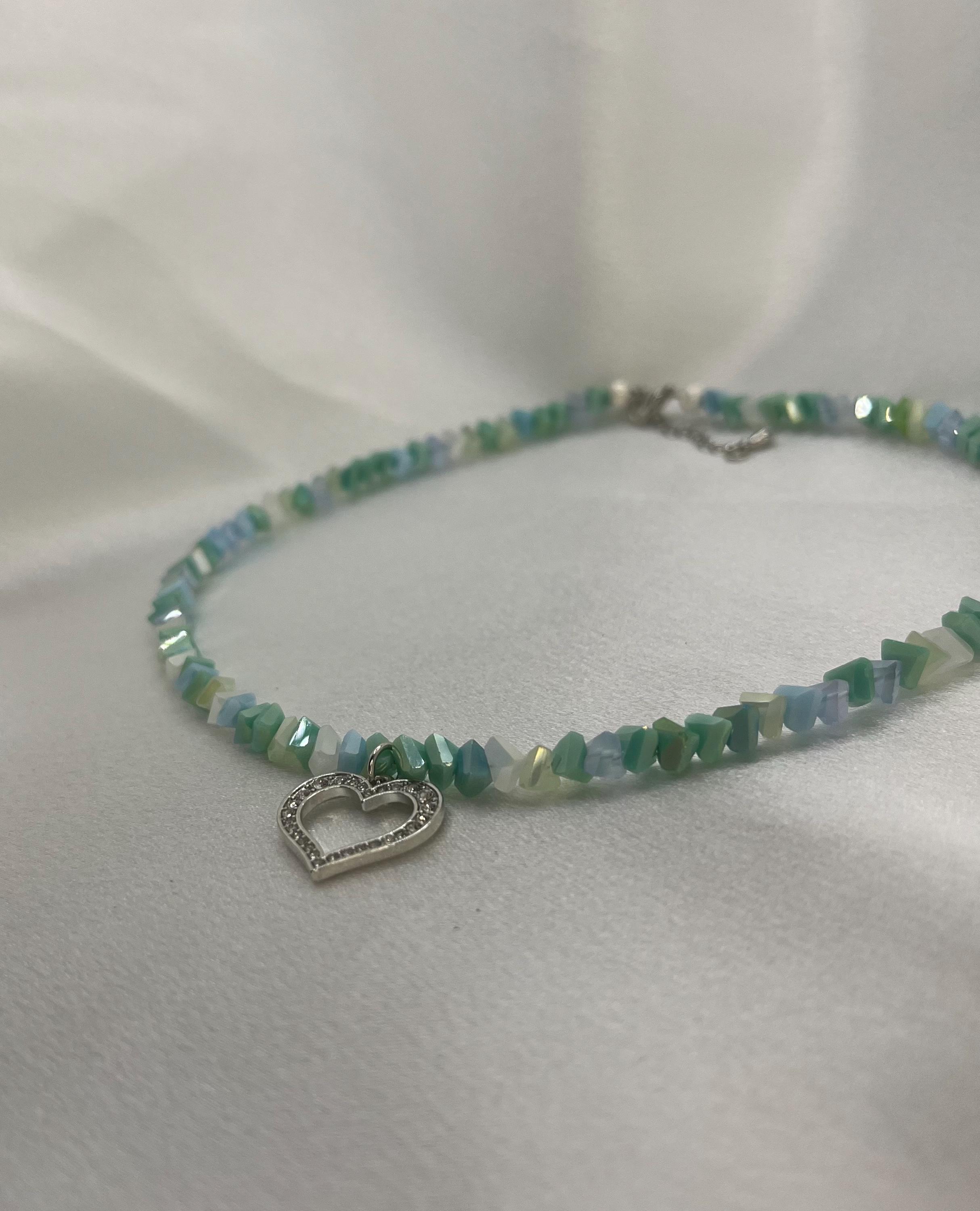 Handmade Glass Bead Necklace: Silver Heart Pendant, 17.3