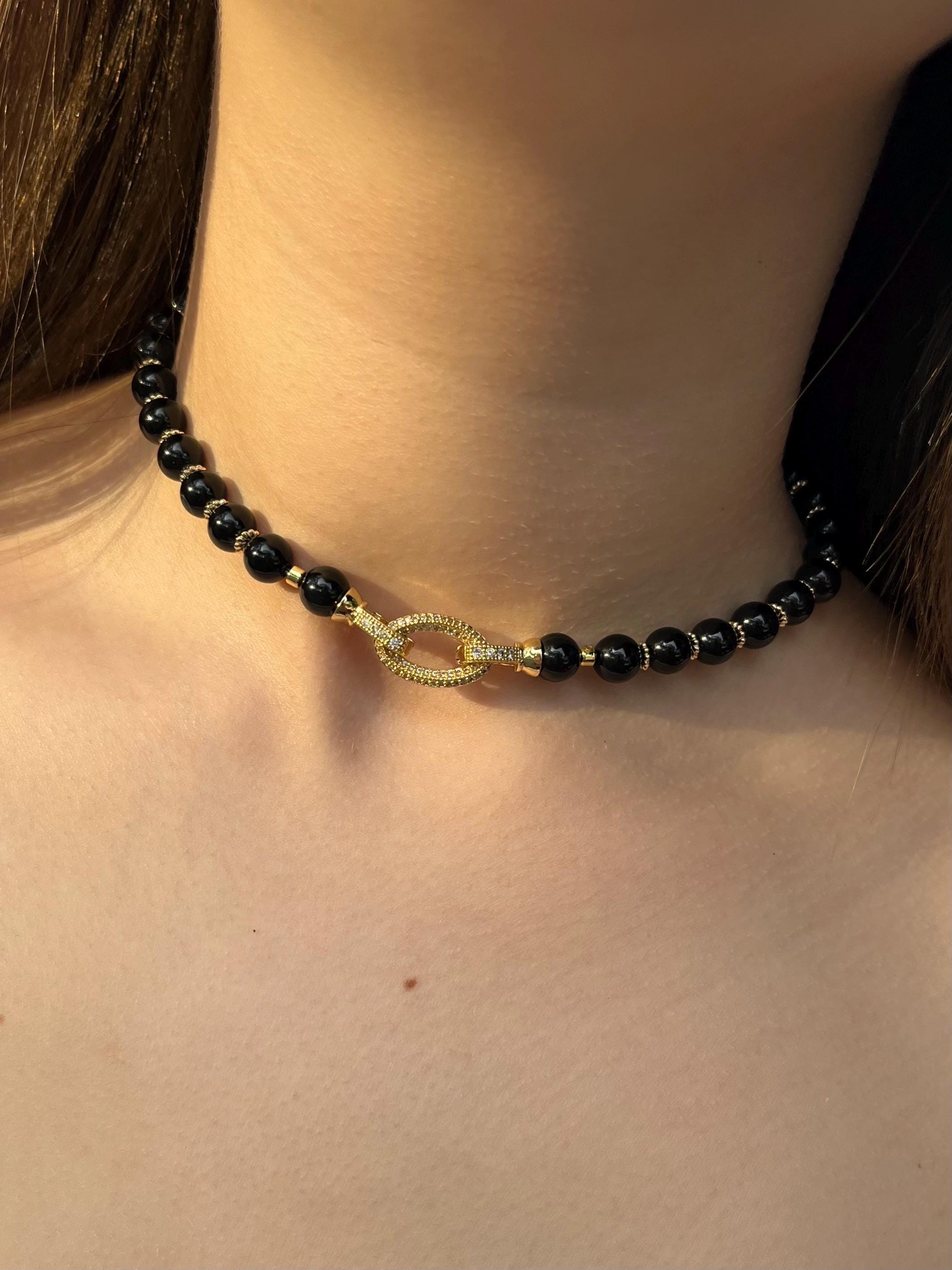 Black Onyx Necklace – 18K Gold Plated Zirconia Clasp, Onyx Choker