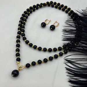 Elegant Black Onyx Necklace and Earrings Set: 18K Gold Plated