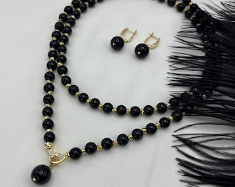Elegant Black Onyx Necklace and Earrings Set: 18K Gold Plated