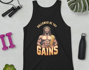 Hallowed Be Thy Gains Tank Top | Motivational Gym Shirt for Fitness Lovers & Workout Enthusiasts | Breathable Summer Workout Top for Men