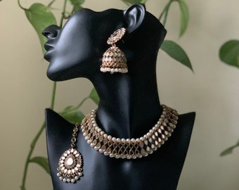 Conjunto de collar de gargantilla de espejo de oro y plata / Pendientes Jhumka / Joyería india