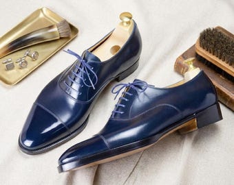 Handmade Navy Blue Calfskin Leather Oxford Dress Shoes – Hand-Burnished Formal Menswear