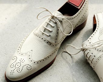 White Leather Wingtip Oxford Shoes Men | Genuine Brogue Dress Wedding Footwear