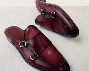 Mules de piel de becerro burdeos para hombre con doble hebilla – Mocasines sin talón