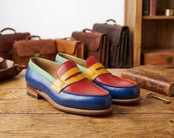 Multi-Color Men's Leather Penny Loafers - Color Block Leather Dress Shoes - Bold Rainbow Slip-Ons - Handmade Dandy Style Footwear