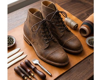 Botas de cuero hechas a mano para hombre, botines marrones, botas con cordones de estilo vintage, zapatos con construcción Goodyear, botas de vestir informales, botas de trabajo duraderas.