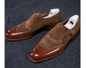 Handmade Men's Suede and Leather Monk Strap Shoes - Wingtip Brogue Spectator Loafers - Brown Two-Tone Dress Shoes - Custom Italian Style