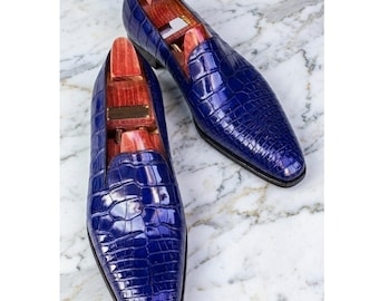 Handmade Royal Blue Alligator Embossed Leather Loafers – Men's Slip-On Dress Shoes