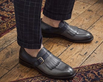 Men's Gray Leather Kiltie Monk Strap Shoes - Handmade Fringed Loafers Brogue Dress Shoes